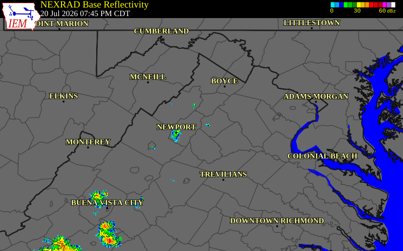 NEXRAD radar during the Monday, July 20, 2026 storm activity in Page County, Virginia