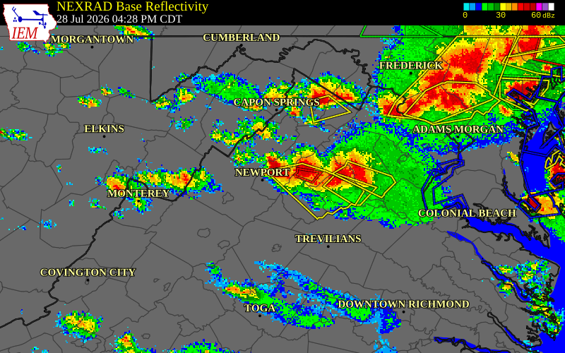 NEXRAD radar during the Tuesday, July 28, 2026 storm activity in Page County, Virginia