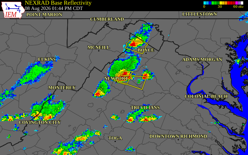 NEXRAD radar during the Saturday, August 8, 2026 storm activity in Page County, Virginia