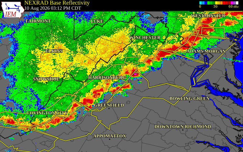 NEXRAD radar during the Monday, August 10, 2026 storm activity in Page County, Virginia