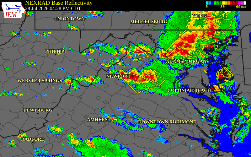 Radar snapshot during the Jul 28, 2026 hail event near 2 NNW Ida, Page County, Virginia, with NWS warning polygons