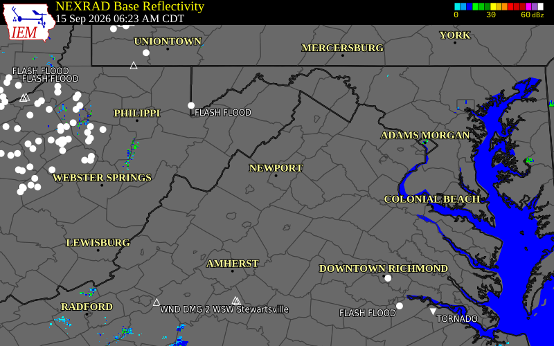 Current NEXRAD radar over Page County, Virginia with recent storm report locations