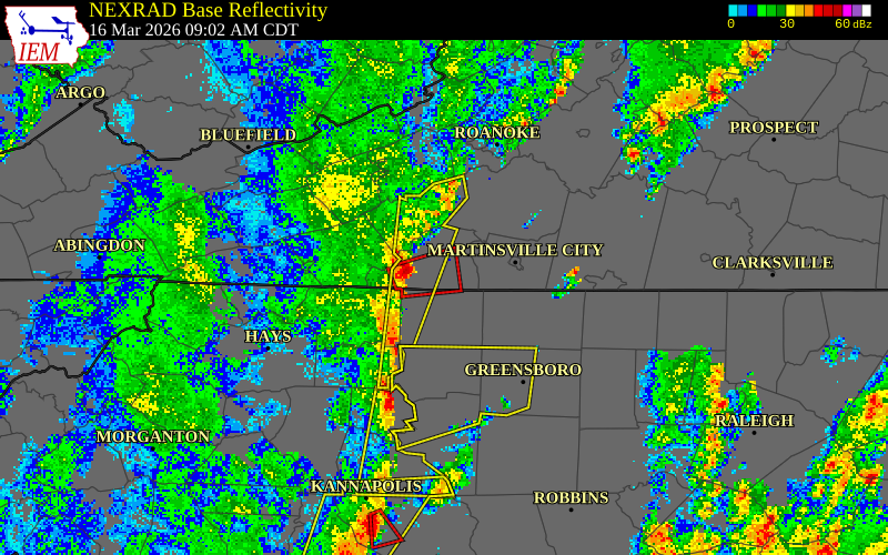 NEXRAD radar during the Monday, March 16, 2026 storm activity in Patrick County, Virginia