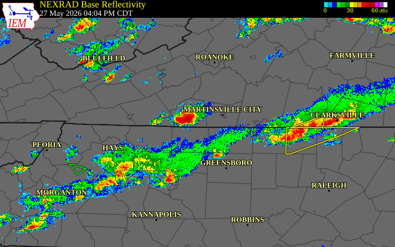 NEXRAD radar during the Wednesday, May 27, 2026 storm activity in Patrick County, Virginia