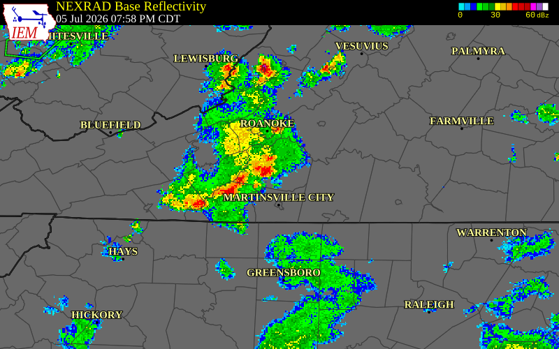 NEXRAD radar during the Sunday, July 5, 2026 storm activity in Patrick County, Virginia