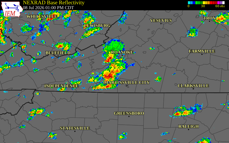 NEXRAD radar during the Wednesday, July 8, 2026 storm activity in Patrick County, Virginia