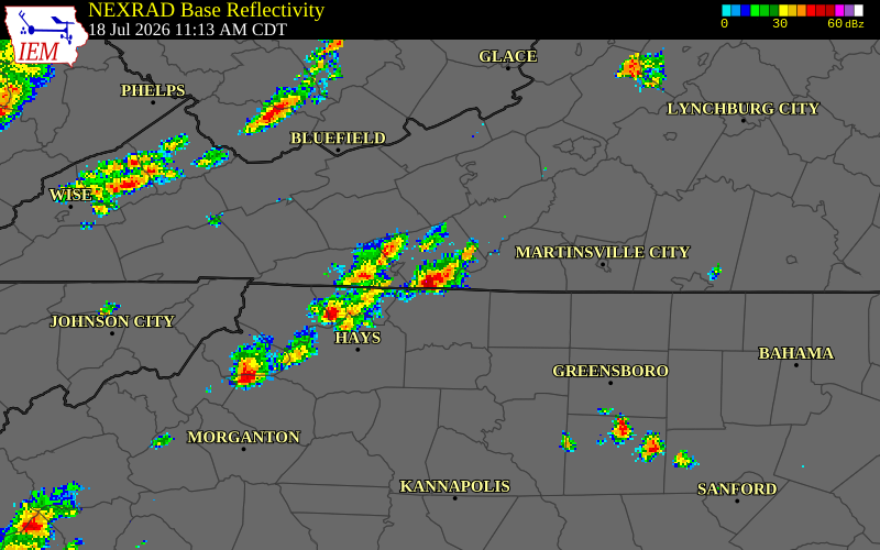 NEXRAD radar during the Saturday, July 18, 2026 storm activity in Patrick County, Virginia