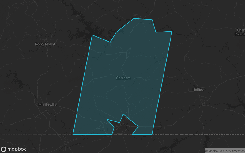 Map of Pittsylvania County, Virginia showing the county boundary and surrounding cities