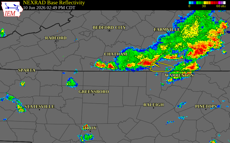 NEXRAD radar during the Wednesday, June 10, 2026 storm activity in Pittsylvania County, Virginia
