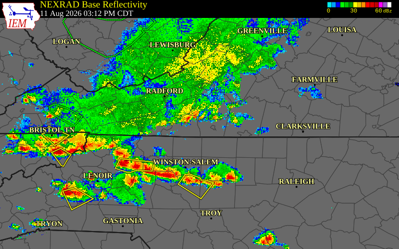 Radar snapshot during the Aug 11, 2026 wind event near Pittsylvania County, Pittsylvania County, Virginia, with NWS warning polygons