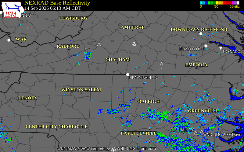 Current NEXRAD radar over Pittsylvania County, Virginia with recent storm report locations