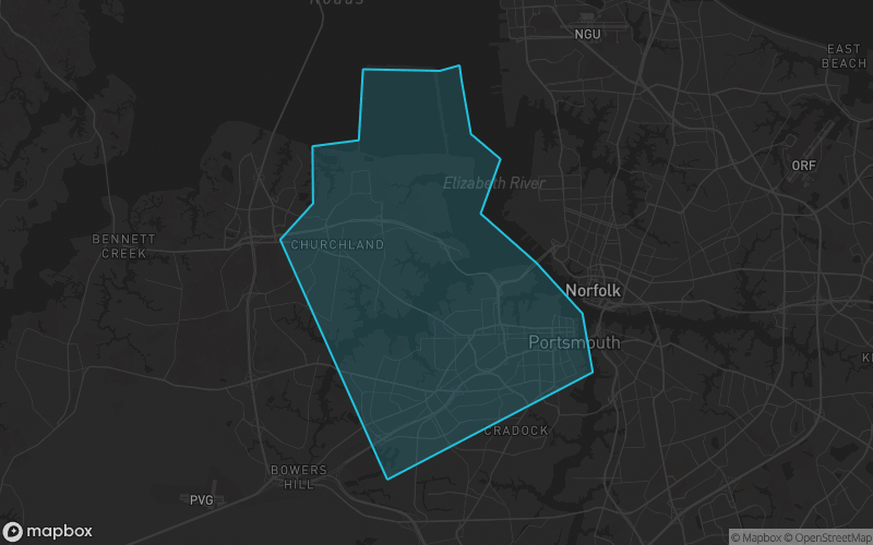 Map of Portsmouth County, Virginia showing the county boundary and surrounding cities