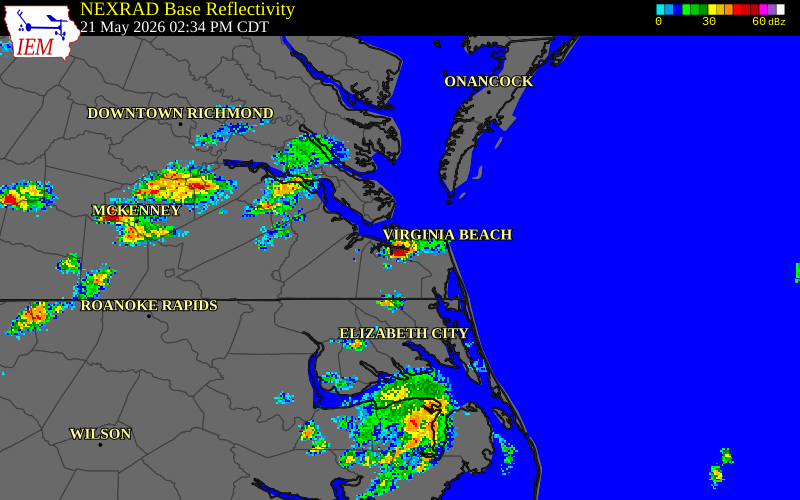 NEXRAD radar during the Thursday, May 21, 2026 storm activity in Portsmouth County, Virginia