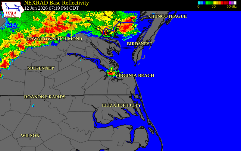 NEXRAD radar during the Friday, June 12, 2026 storm activity in Portsmouth County, Virginia
