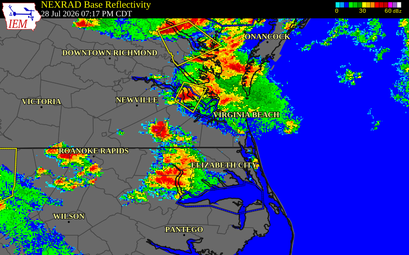 NEXRAD radar during the Tuesday, July 28, 2026 storm activity in Portsmouth County, Virginia