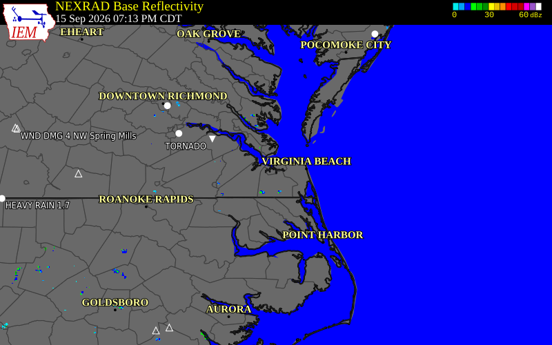 Current NEXRAD radar over Portsmouth County, Virginia with recent storm report locations
