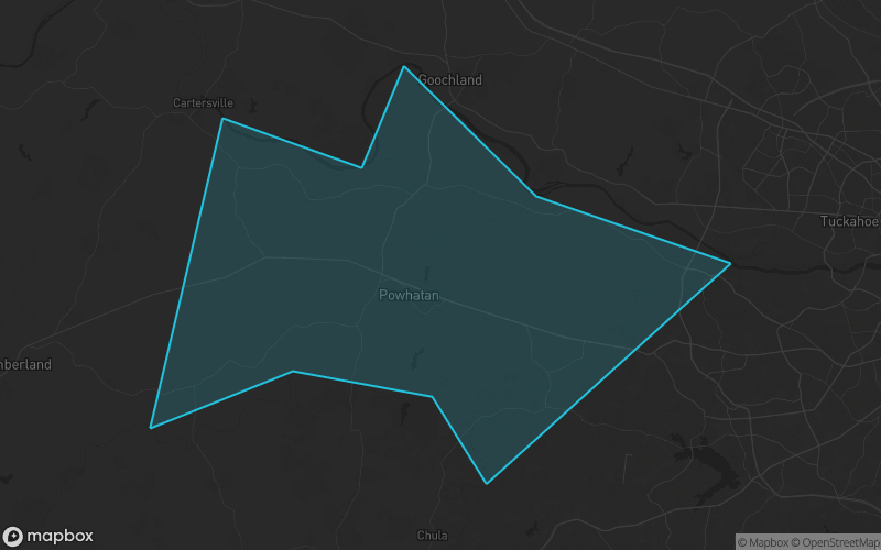 Map of Powhatan County, Virginia showing the county boundary and surrounding cities