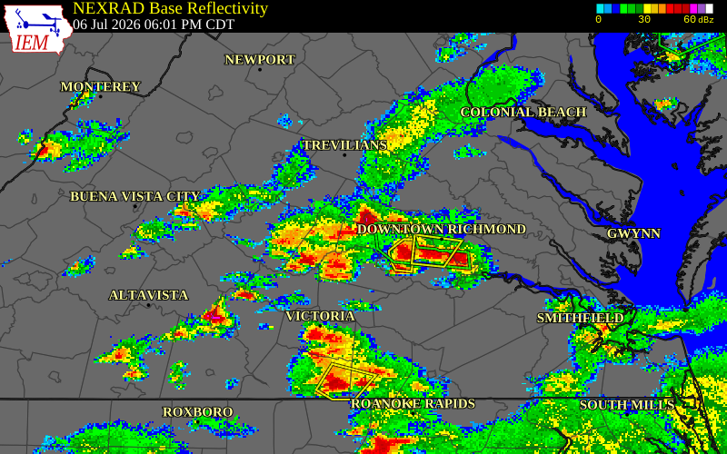 NEXRAD radar during the Monday, July 6, 2026 storm activity in Powhatan County, Virginia