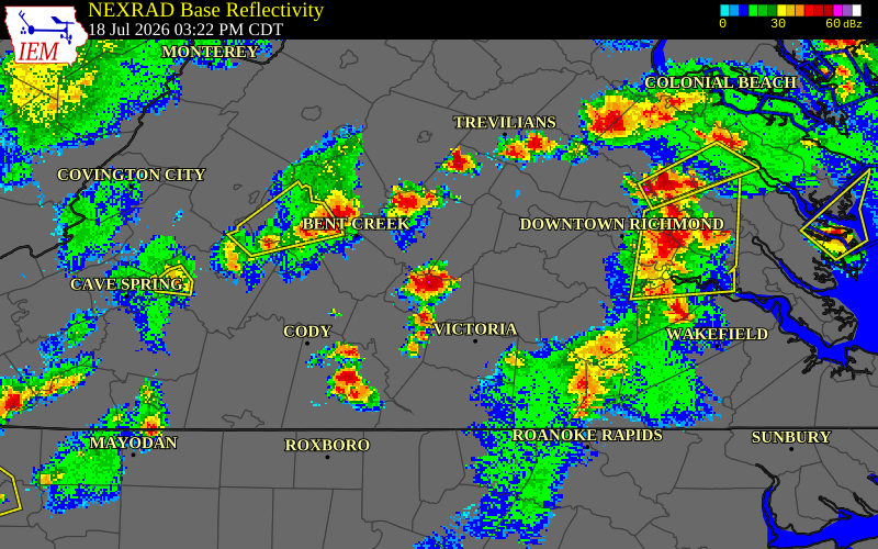 NEXRAD radar during the Saturday, July 18, 2026 storm activity in Powhatan County, Virginia