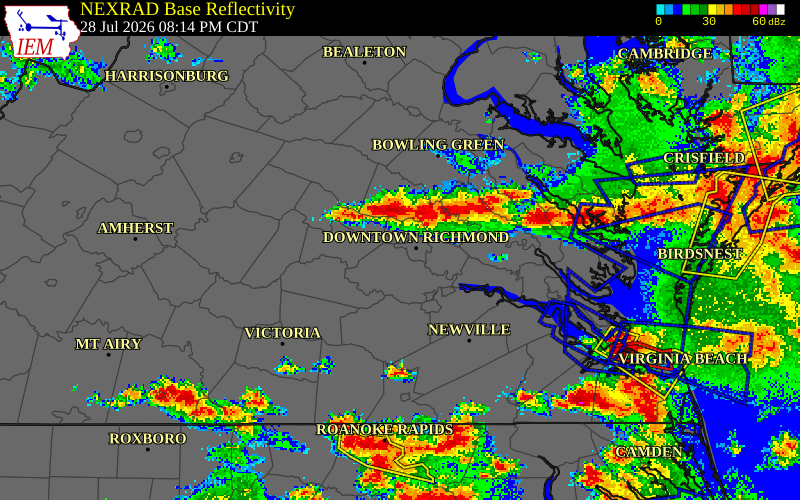 NEXRAD radar during the Tuesday, July 28, 2026 storm activity in Powhatan County, Virginia