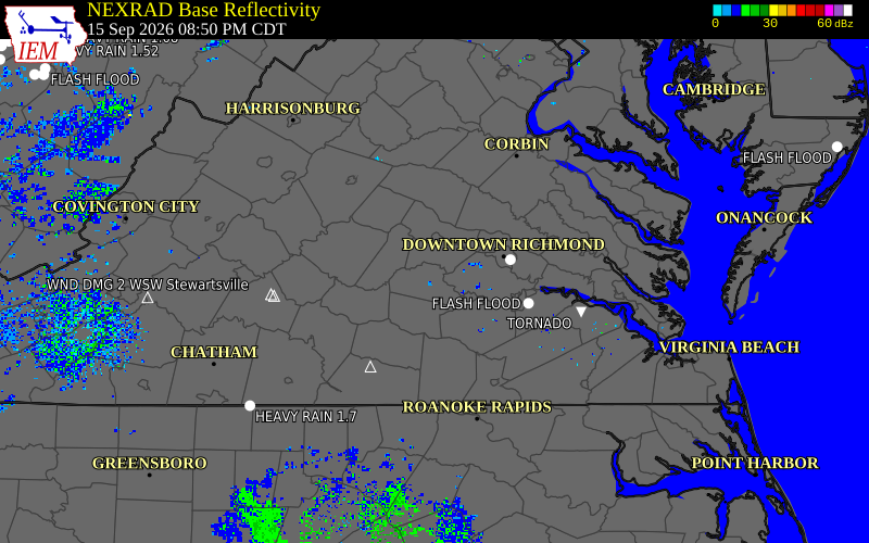 Current NEXRAD radar over Powhatan County, Virginia with recent storm report locations