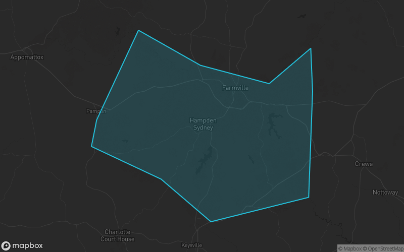 Map of Prince Edward County, Virginia showing the county boundary and surrounding cities