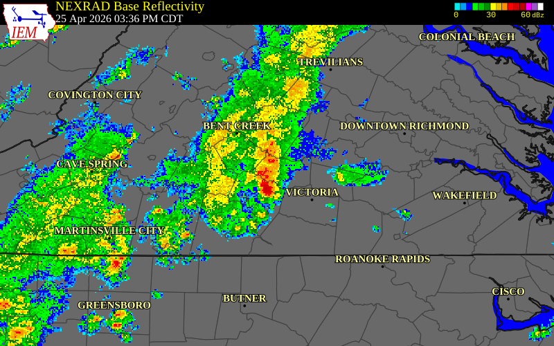 NEXRAD radar during the Saturday, April 25, 2026 storm activity in Prince Edward County, Virginia
