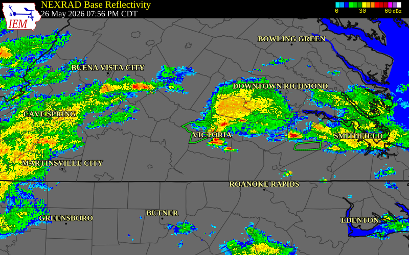 NEXRAD radar during the Tuesday, May 26, 2026 storm activity in Prince Edward County, Virginia
