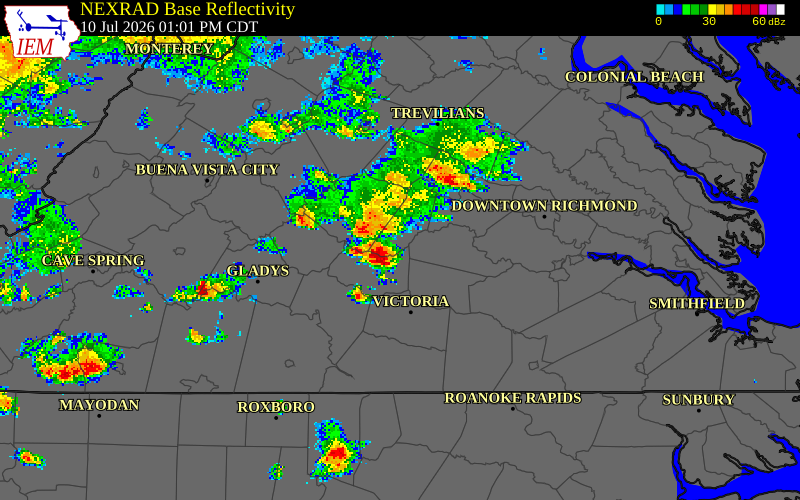NEXRAD radar during the Friday, July 10, 2026 storm activity in Prince Edward County, Virginia