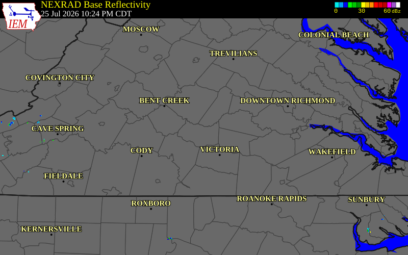 NEXRAD radar during the Saturday, July 25, 2026 storm activity in Prince Edward County, Virginia