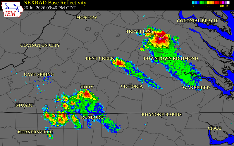 NEXRAD radar during the Sunday, July 26, 2026 storm activity in Prince Edward County, Virginia