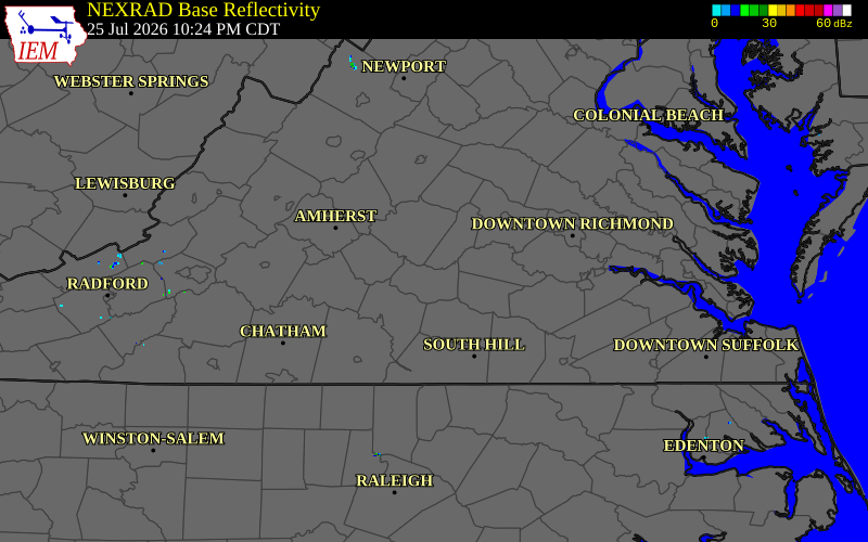 Radar snapshot during the Jul 25, 2026 hail event near Farmville, Prince Edward County, Virginia, with NWS warning polygons