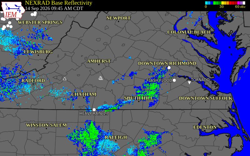 Current NEXRAD radar over Prince Edward County, Virginia with recent storm report locations
