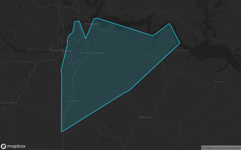 Map of Prince George County, Virginia showing the county boundary and surrounding cities