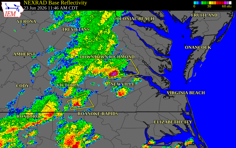 NEXRAD radar during the Tuesday, June 23, 2026 storm activity in Prince George County, Virginia