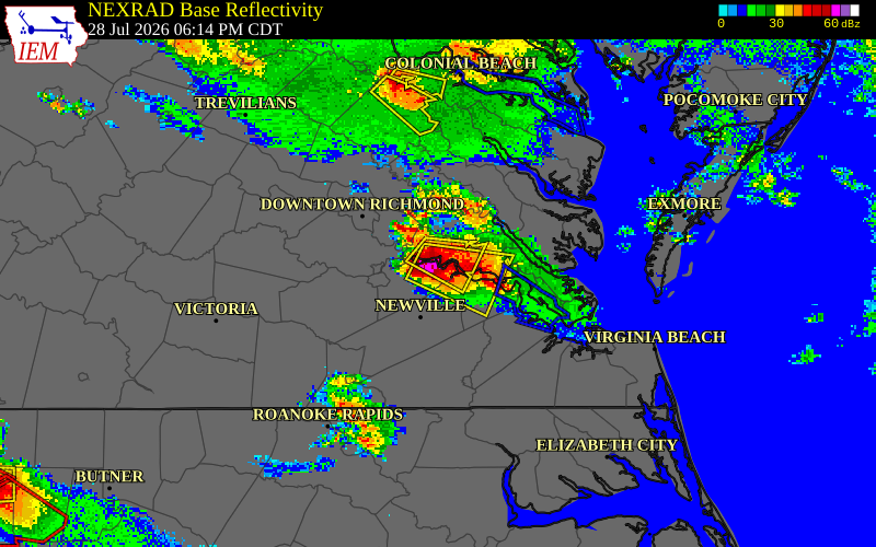 NEXRAD radar during the Tuesday, July 28, 2026 storm activity in Prince George County, Virginia