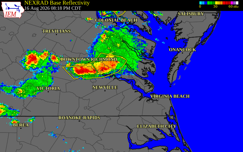 NEXRAD radar during the Sunday, August 16, 2026 storm activity in Prince George County, Virginia