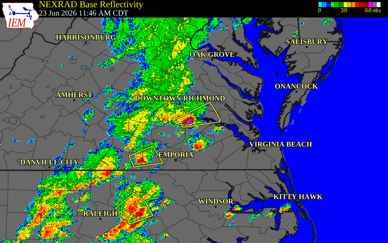 Radar snapshot during the Jun 23, 2026 hail event near 1 NE Birchett Estate, Prince George County, Virginia, with NWS warning polygons