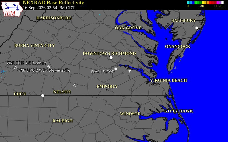 Current NEXRAD radar over Prince George County, Virginia with recent storm report locations