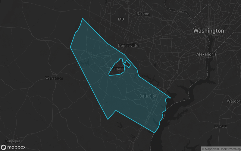 Map of Prince William County, Virginia showing the county boundary and surrounding cities
