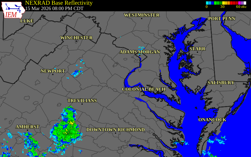 NEXRAD radar during the Sunday, March 15, 2026 storm activity in Prince William County, Virginia