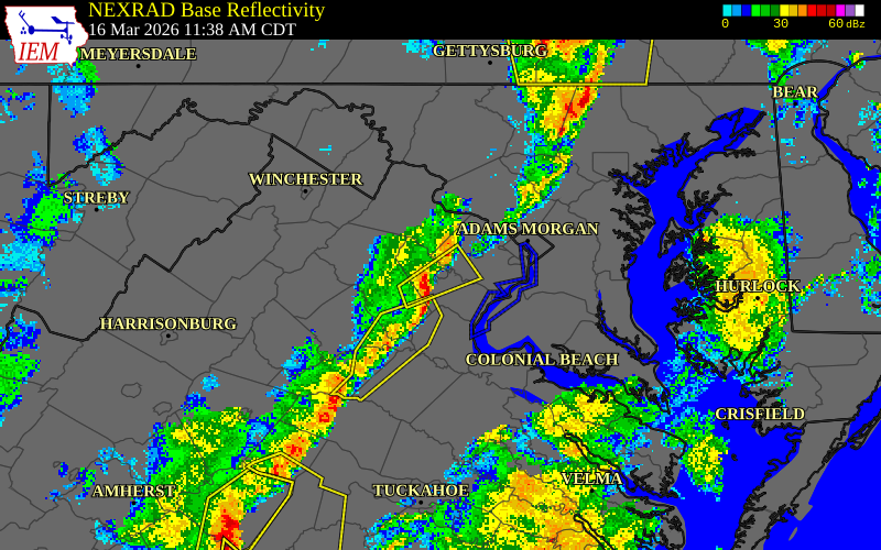 NEXRAD radar during the Monday, March 16, 2026 storm activity in Prince William County, Virginia