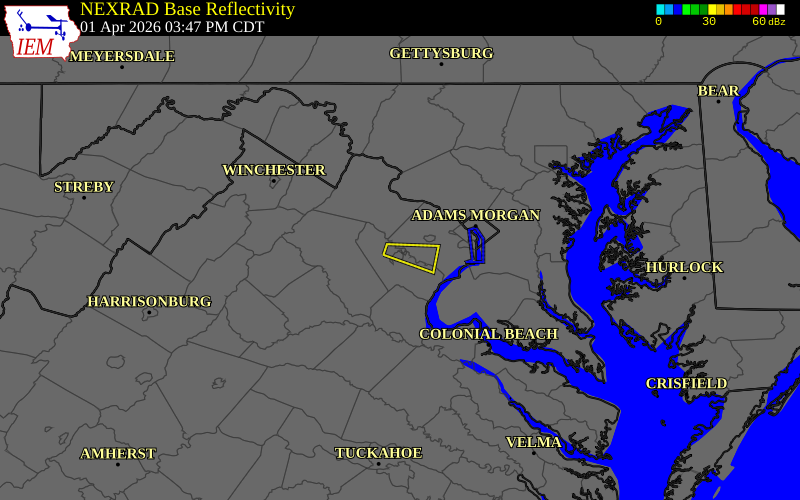 NEXRAD radar during the Wednesday, April 1, 2026 storm activity in Prince William County, Virginia