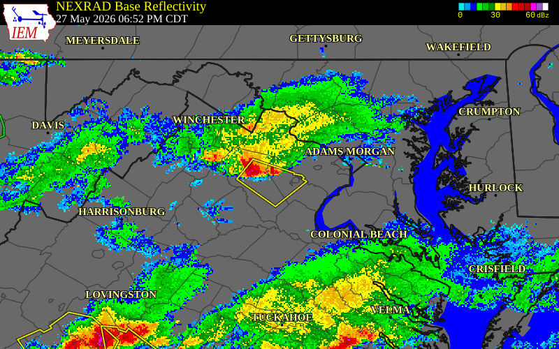 NEXRAD radar during the Wednesday, May 27, 2026 storm activity in Prince William County, Virginia