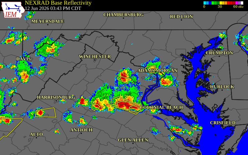 NEXRAD radar during the Friday, June 12, 2026 storm activity in Prince William County, Virginia