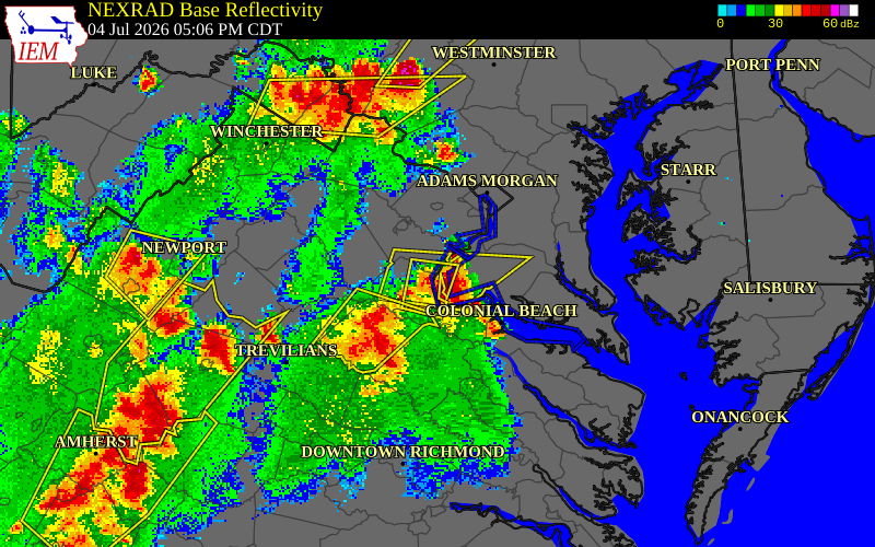 NEXRAD radar during the Saturday, July 4, 2026 storm activity in Prince William County, Virginia
