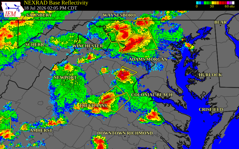 NEXRAD radar during the Saturday, July 18, 2026 storm activity in Prince William County, Virginia