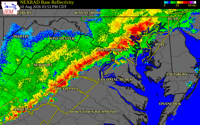 NEXRAD radar during the Monday, August 10, 2026 storm activity in Prince William County, Virginia