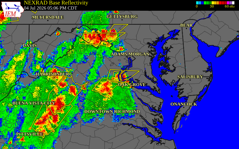 Radar snapshot during the Jul 4, 2026 wind event near Quantico Marine Corp, Prince William County, Virginia, with NWS warning polygons