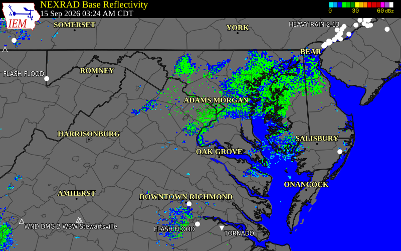 Current NEXRAD radar over Prince William County, Virginia with recent storm report locations